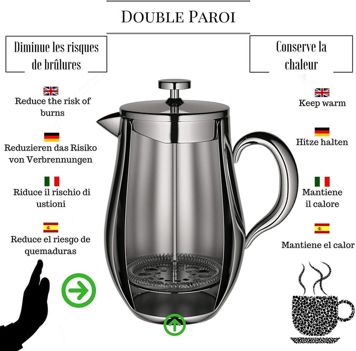 VeoHome French Press Kaffeebereiter Kaffeekanne unzerbrechlich und hält Ihren Kaffee Dank der Doppel