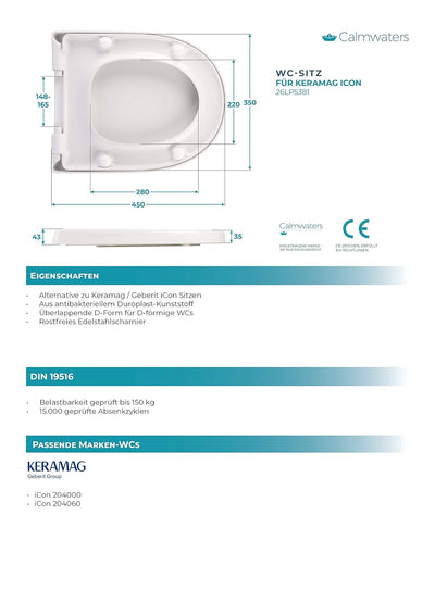 Calmwaters® Antibakterieller WC Sitz für Keramag iCon 204000 & 204060, D-Form mit rostbeständigen Ku