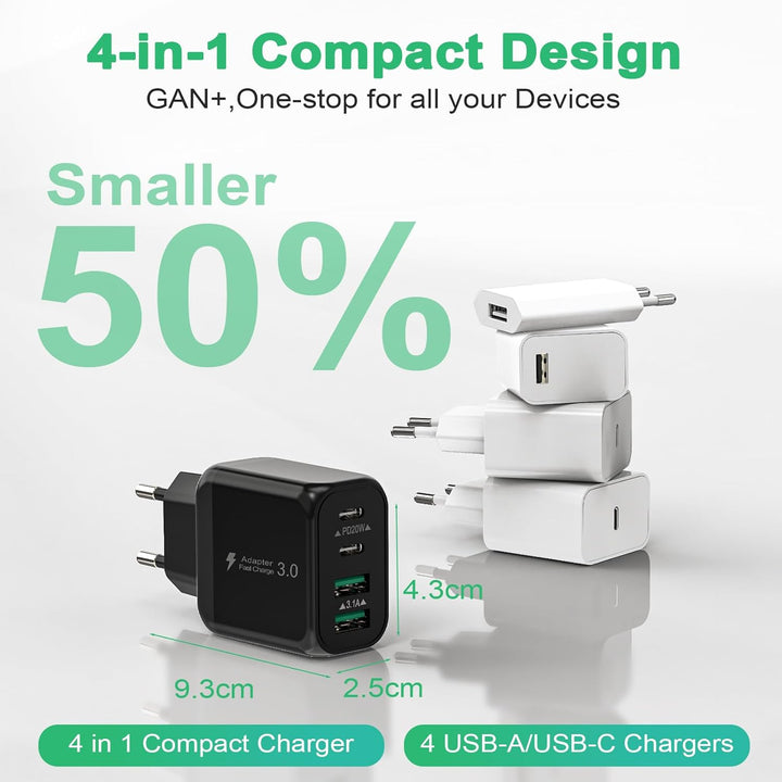 40W USB C Ladegerät, Gcstnn Schnellladegerät 2-Pack 4 Port PD3.0 QC3.0 USB C Ladestecker für iPhone