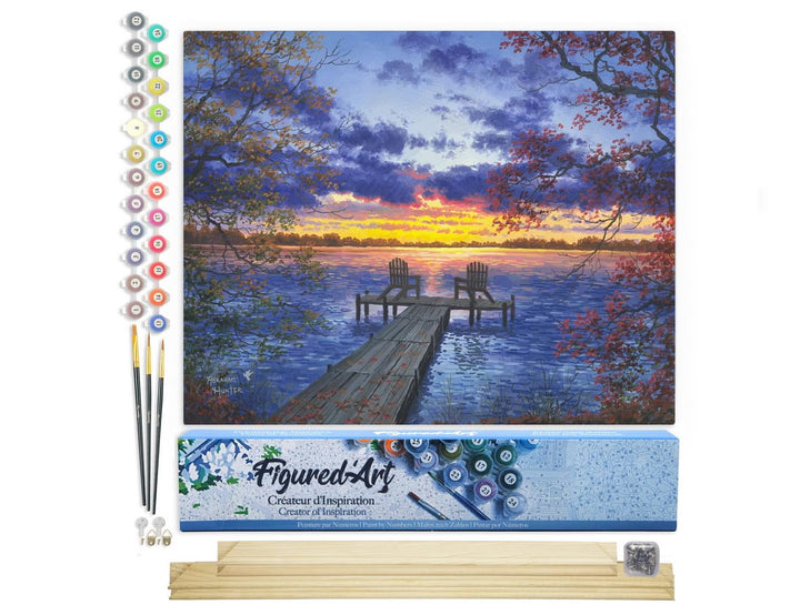 Figured'Art Malen Nach Zahlen Erwachsene Mit Rahmen Eine Abenddämmerung am Flusssteg - Paint by Numb