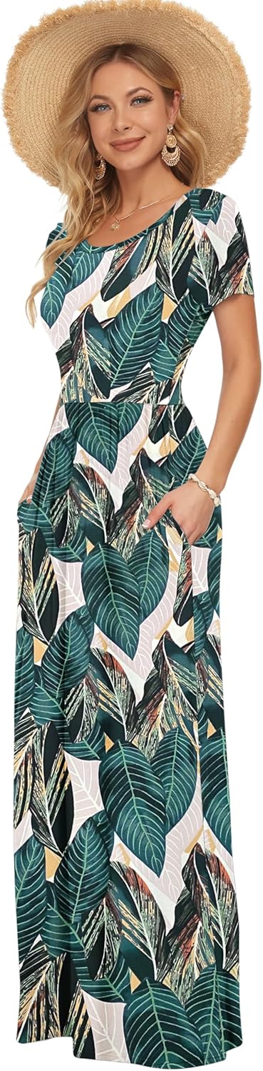 AUSELILY Damen Kurzarm Sommer Casual Long Maxi Kleider mit Taschen Bananenblatt S, Bananenblatt S