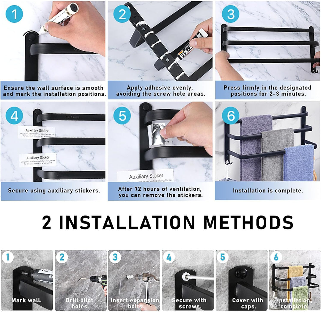 Handtuchhalter, Aluminium Handtuchregal, Wandmontage 3-Stöckig Handtuchstange mit Haken 80CM Schwarz
