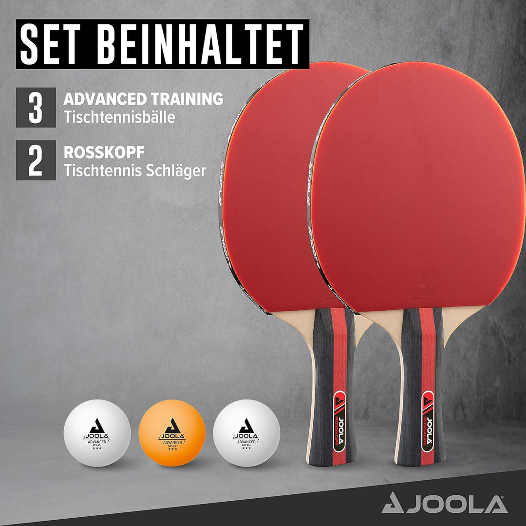 JOOLA Tischtennis Set Rosskopf 2 Tischtennisschläger + 3 Tischtennisbälle 40+mm, rot/schwarz, 5-teil