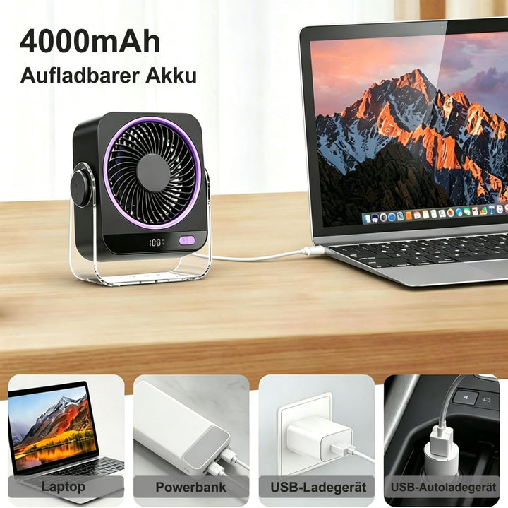USB Schreibtischventilator, Tischventilator 4000mAh 5 Geschwindigkeiten & 180° Drehbar, Ultra-leiser