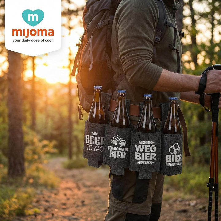 MIJOMA Bierholster 4er Set aus Filz – Bierhalter für Gürtel – tragbares Flaschenholster für unterweg