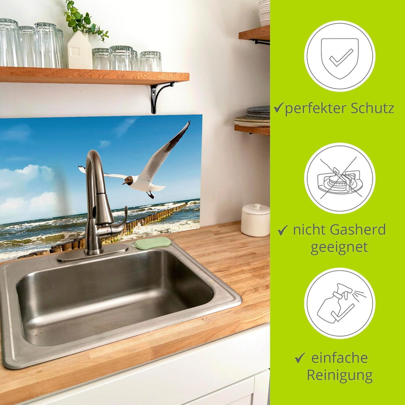 ARTland Spritzschutz Küche aus Alu für Herd Spüle 80x50 cm (BxH) Küchenrückwand mit Motiv Ostsee Str