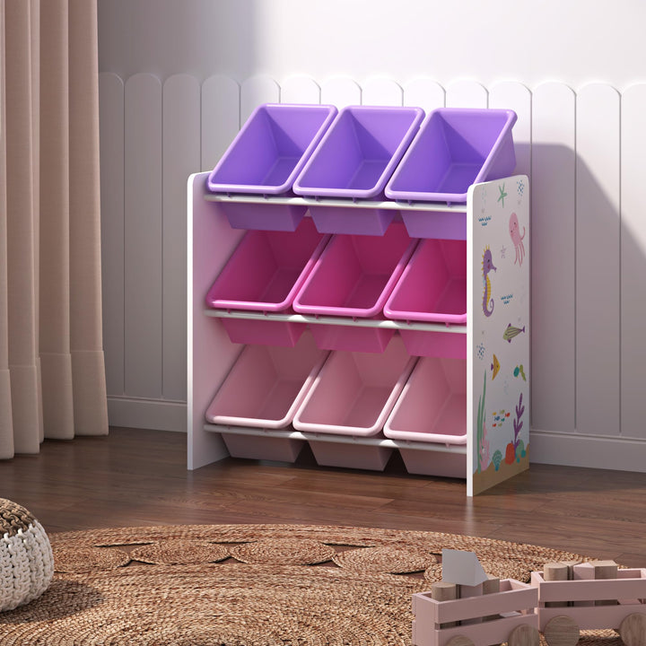 [en.casa] Kinderregal Muxía mit 9 Aufbewahrungsboxen Spielzeugregal mit Ozean-Motiv Spielregal Weiss