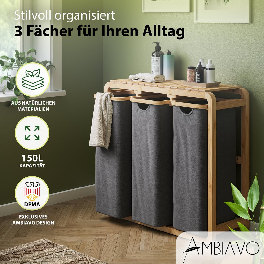 Wäschekorb 3 Fächer grau · Wäschesammler mit Ablage · Bambus | Warme Holz-Optik, schmal, riesiges Vo