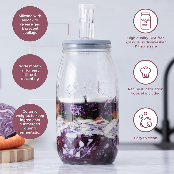 KILNER Fermentier Set, 3 Liter Glas mit Gärungsdeckel, einfaches Haltbarmachen von Gemüse, 1x Kilner
