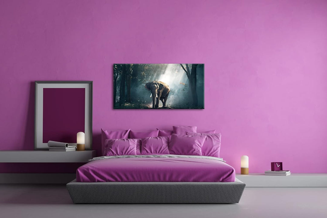 stolzer Elefant im Wald Panorama 60x30 cm als Leinwandbild, Motiv fertig gerahmt auf Echtholzrahmen,