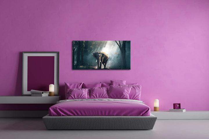 stolzer Elefant im Wald Panorama 60x30 cm als Leinwandbild, Motiv fertig gerahmt auf Echtholzrahmen,