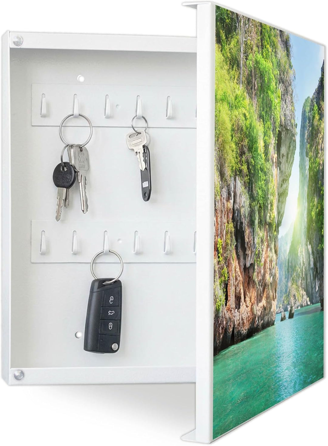 banjado® Grosser Schlüsselkasten Glas/Schlüsselbox 30cm x 30cm mit 50 Haken - Motiv Versteckte Bucht