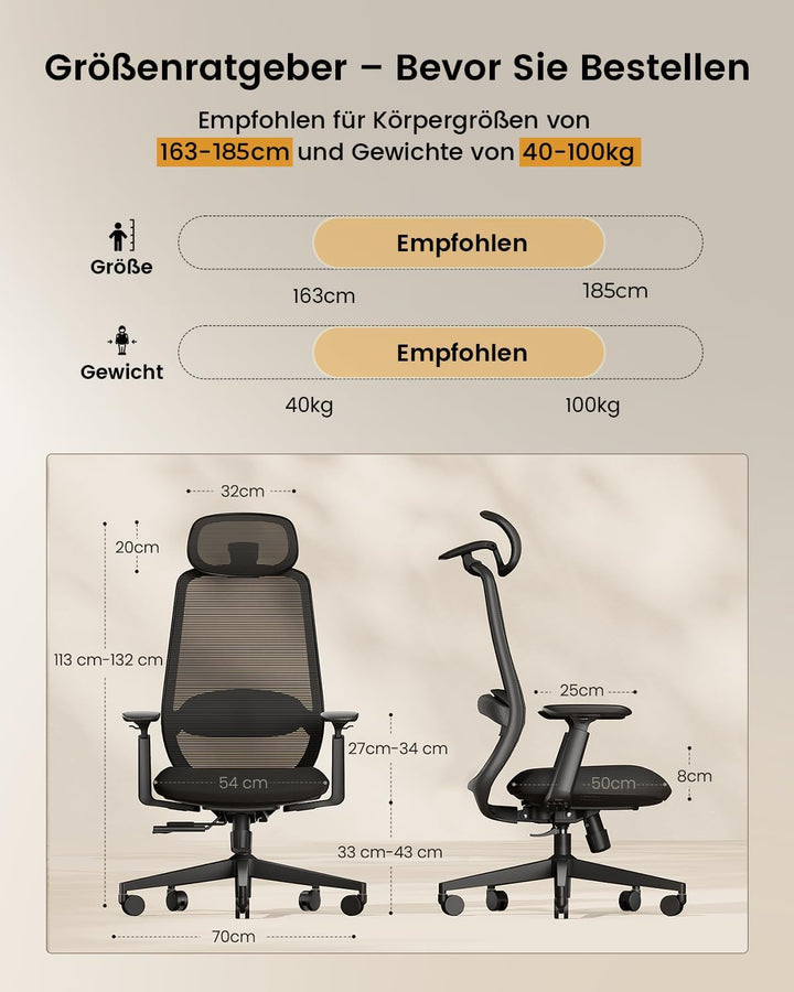 ProtoArc EC200 Bürostuhl Ergonomisch, Schreibtischstuhl mit Höhen- und Tiefenverstellbarer Lendenwir