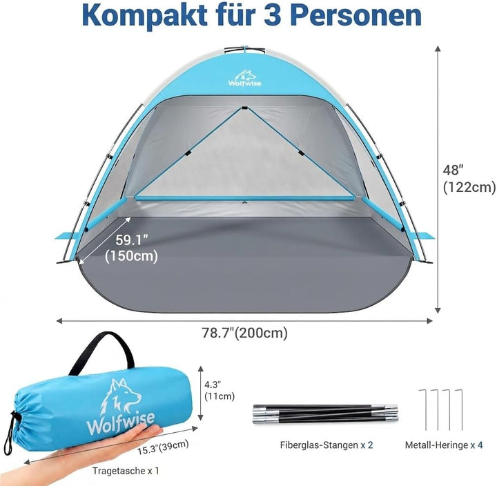 Wolfwise Strandmuschel UV Schutz, 3 Belüftungsfenster & Tragetasche, Strand Zelt mit erweiterbarem B