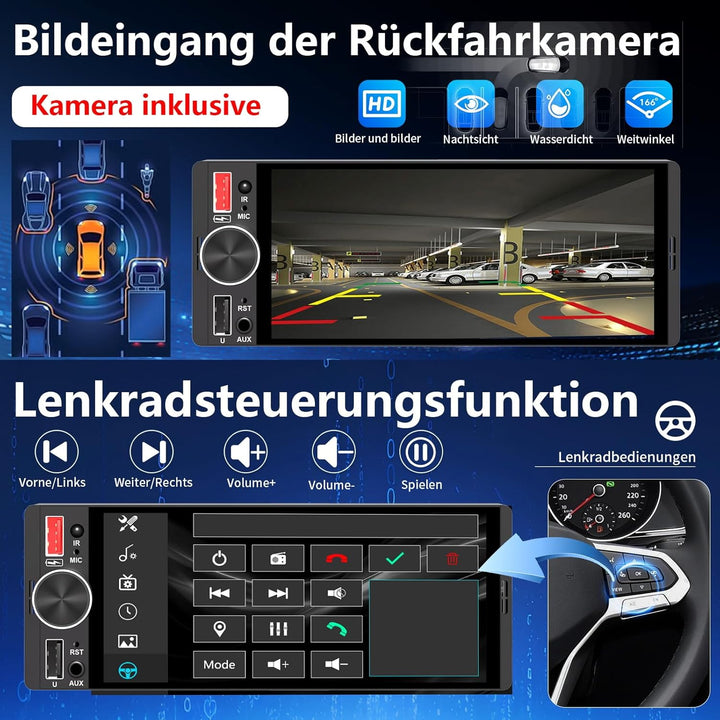 6,36 Zoll 1 Din Autoradio mit Drahtlosem CarPlay & Android Auto, Bluetooth, Full-Touch-Display FM, D