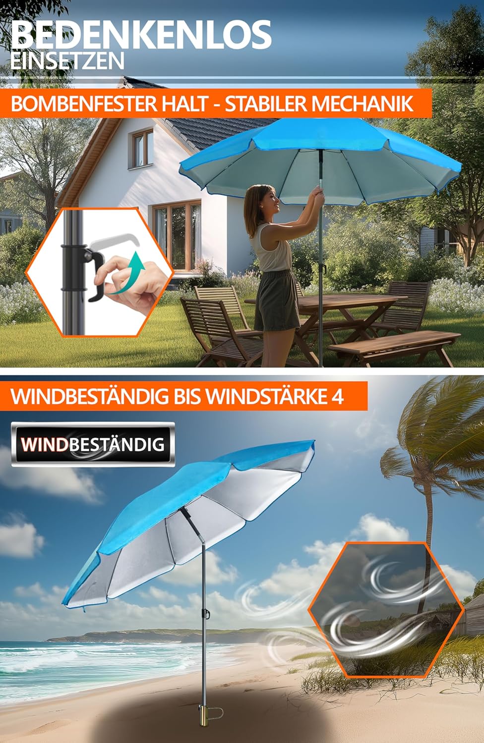 4smile Sonnenschirm Strand SunnyJoy in Blau, 3er Set - Strandschirm windfest stabil + Rasendorn Sonn