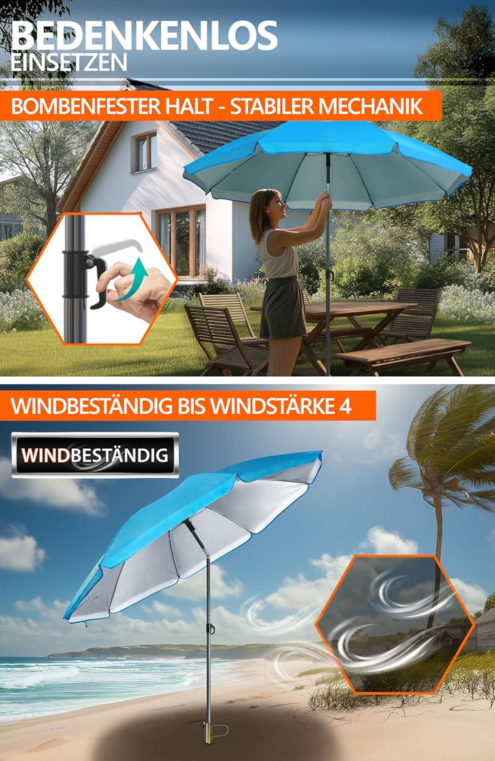 4smile Sonnenschirm Strand SunnyJoy in Blau, 3er Set - Strandschirm windfest stabil + Rasendorn Sonn