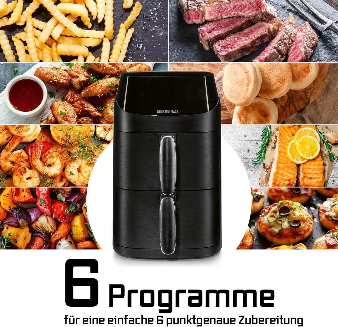 GOURMETmaxx FryUp Vertikale Doppelkammer Heissluftfritteuse XS | Airfryer mit MultiColour-LED-Touchd