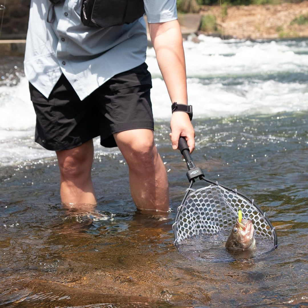 SF Fliegenfischer-Kescher mit Holzrahmen, weichem Gumminetz, Forellenkescher, Catch-and-Release-Kesc