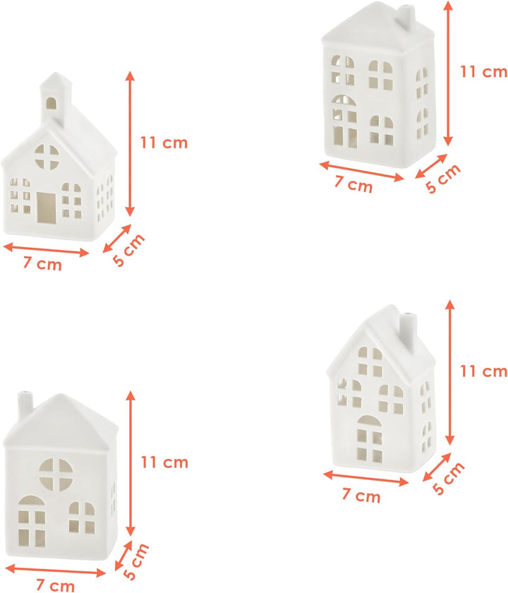 LED Keramik Haus weiss 11 cm - 4er Set - Deko Weihnachtsdorf mit Beleuchtung in warm weiss - Weihnac