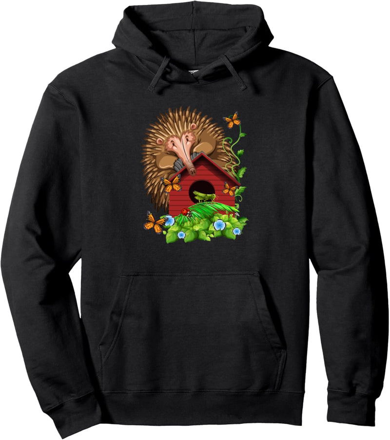 Igel auf dem Vogelhaus mit Schmetterlingen und Glückskäfer Pullover Hoodie