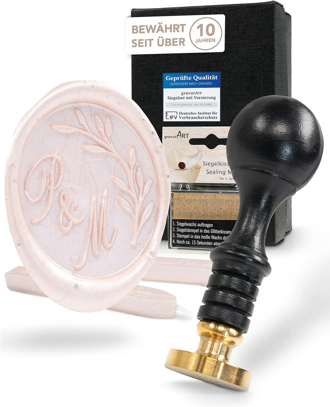gravurART Siegelset Siegelstempel personalisiert incl. 2 Stangen Siegelwachs u. Gold/Silberhighlight