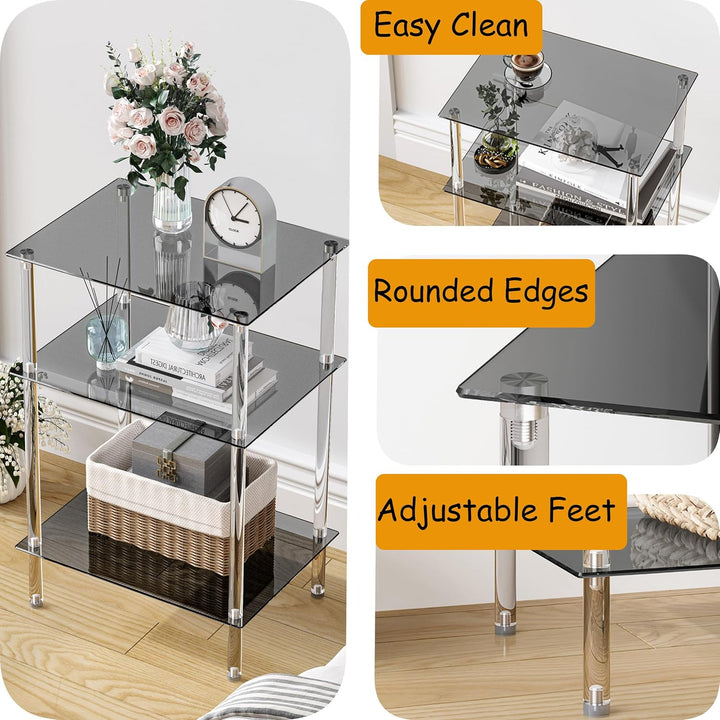 Moderner Beistelltisch Glas Eckig Transparenter Tisch mit 3 Ablagen Nachttisch Glastisch Side Table