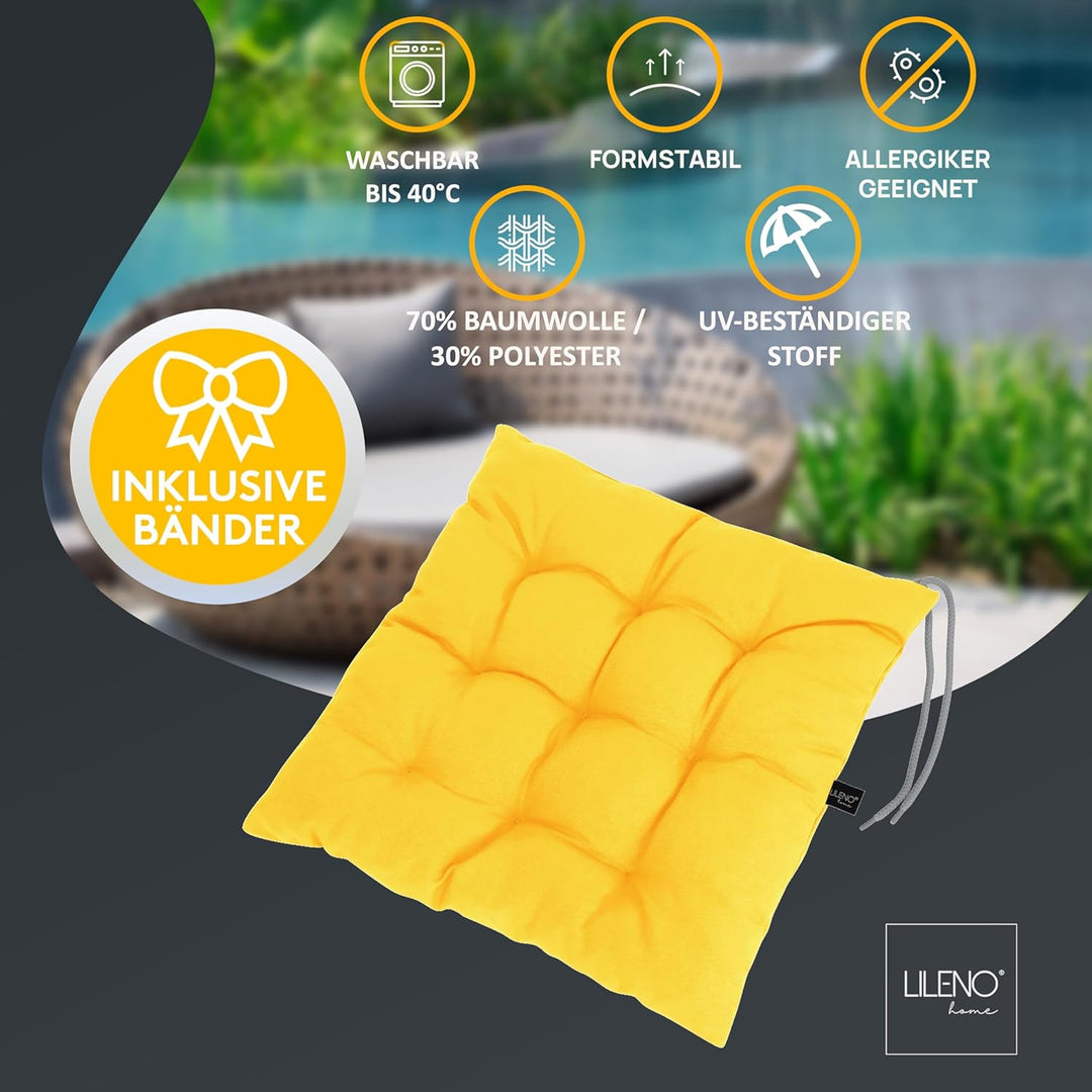 LILENO HOME 4er Set Stuhlkissen 02 Gelb (40x40x6 cm) - Sitzkissen für Garten, Küche oder Esszimmer -