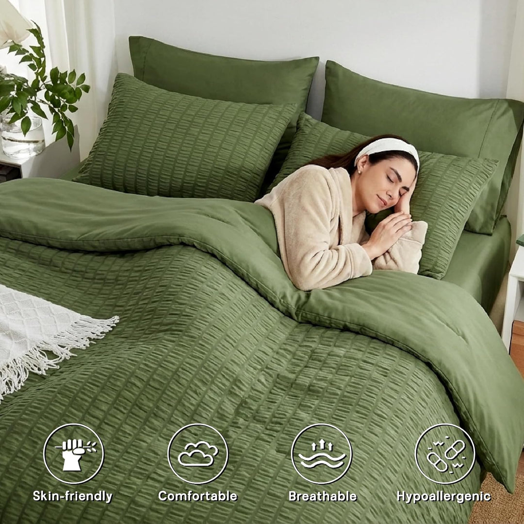 Zzlpp Queen-Bettwäsche-Set, 7-teilig, olivgrün, Seersucker-Bett in Einer Tasche mit Bettdecke und Be