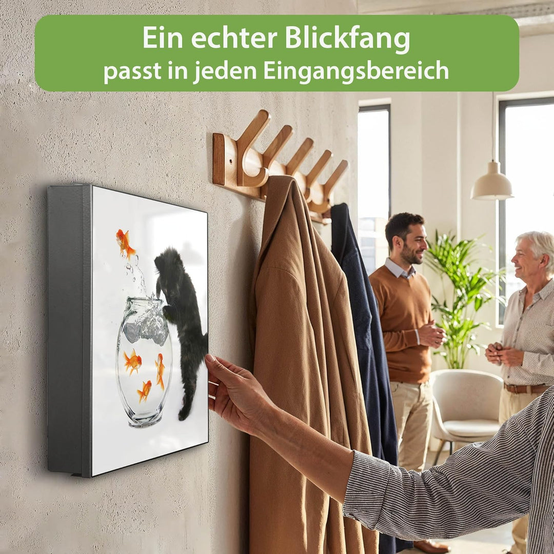 banjado® Grosser Schlüsselkasten Glas/Schlüsselbox 30cm x 30cm mit 50 Haken - Motiv Katze Und Fisch/