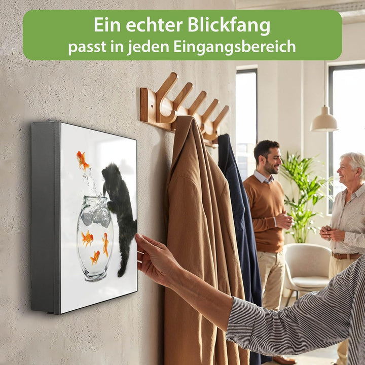 banjado® Grosser Schlüsselkasten Glas/Schlüsselbox 30cm x 30cm mit 50 Haken - Motiv Katze Und Fisch/