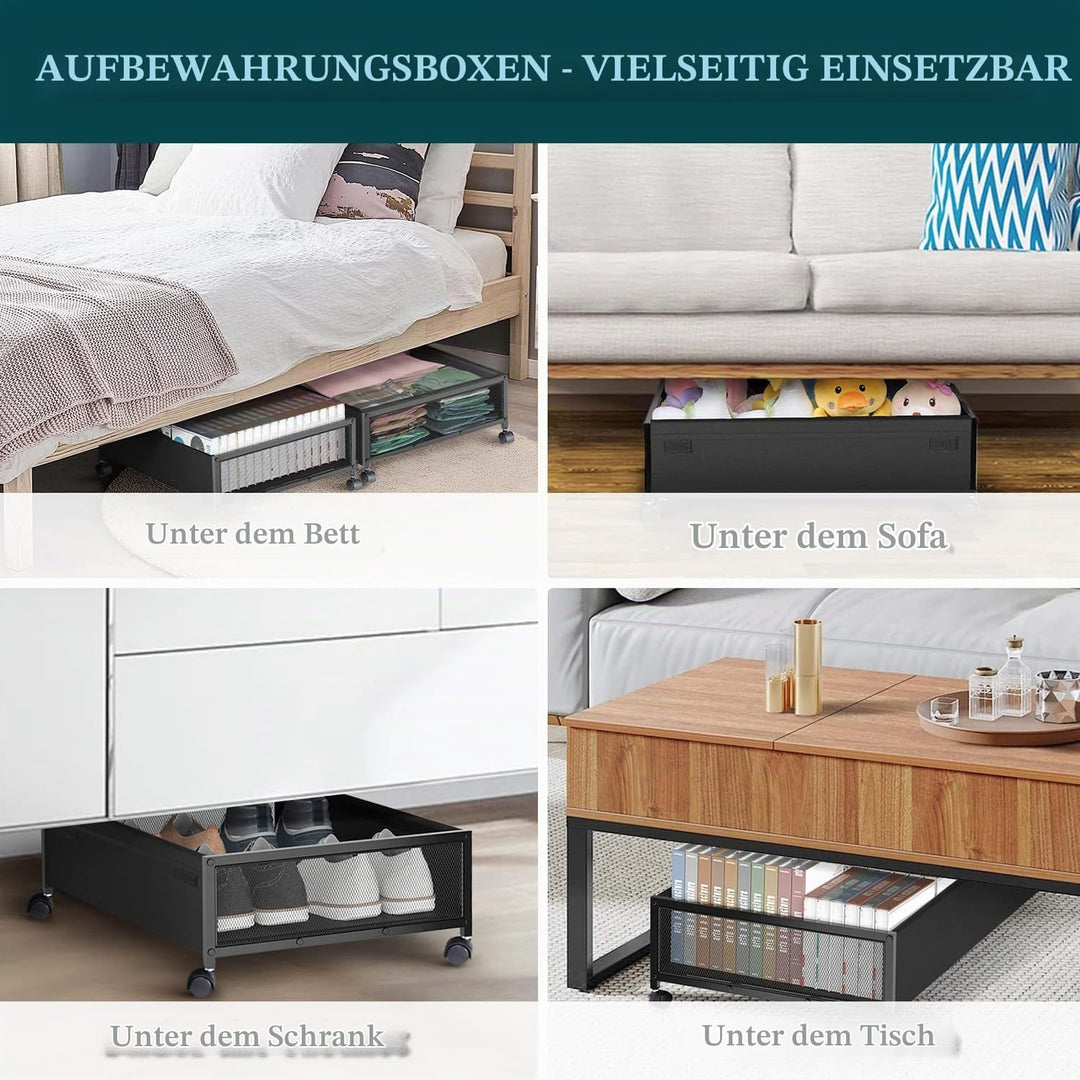 2 Stück Unterbett Aufbewahrungsbox mit Rollen und geteiltem Deckel, unterbettkommode, Bettkasten Auf
