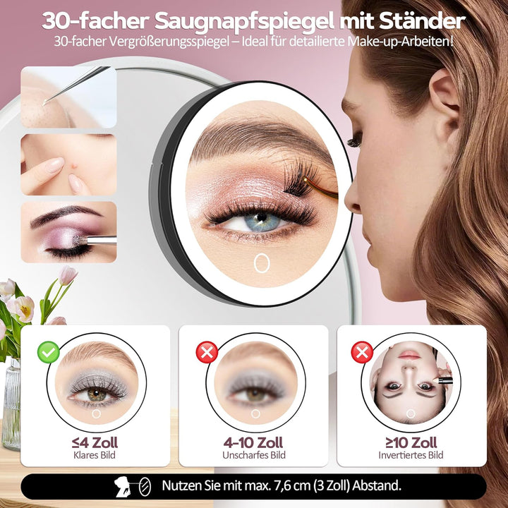 MOMOKUBA Vergrösserungsspiegel mit Saugnapf, 30-Fach Spiegel mit Beleuchtung, 3 Farben beleuchtbar u