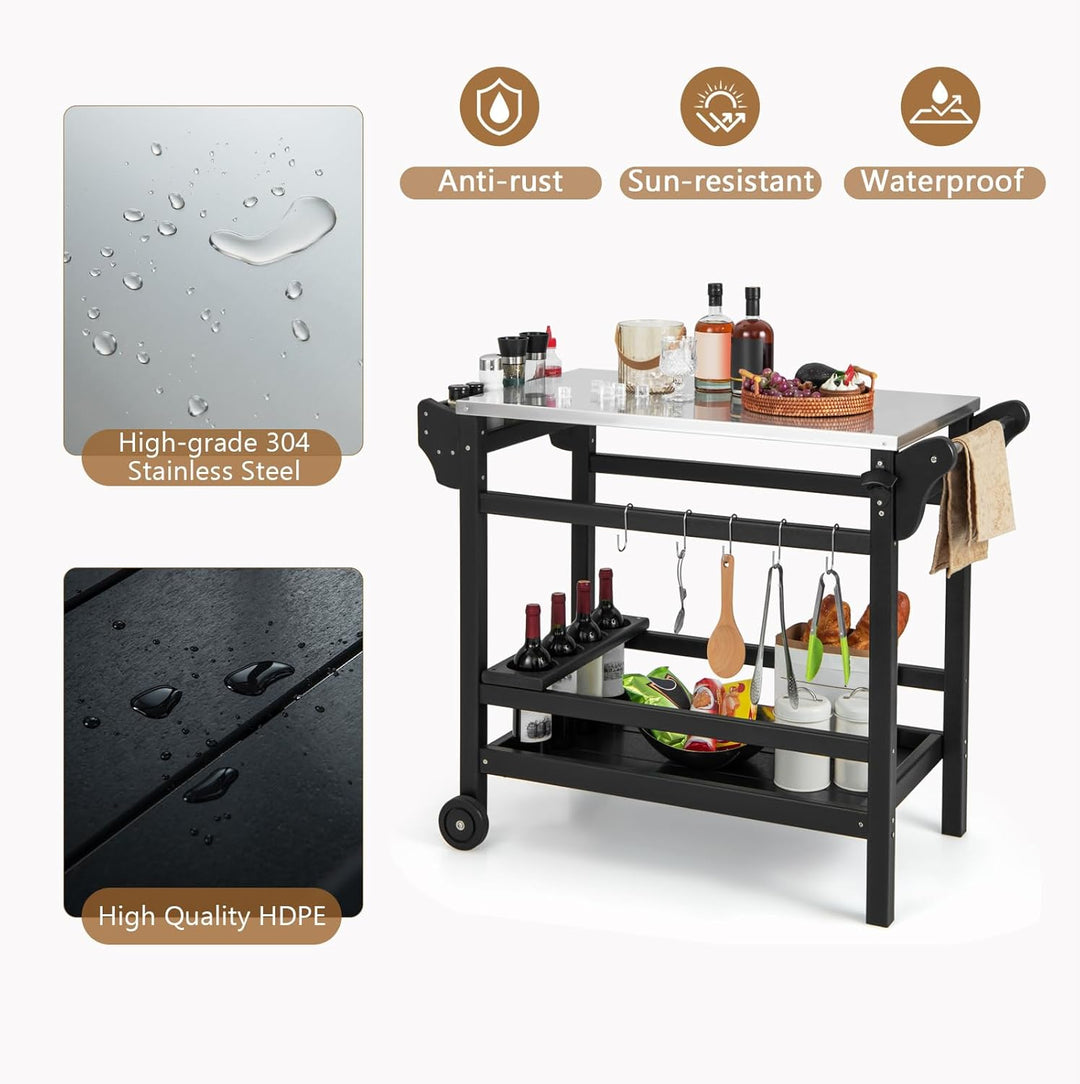 KOMFOTTEU Grillwagen Grilltisch mit Edelstahl Arbeitsplatte, Garten Rollwagen aus HDPE, Servierwagen