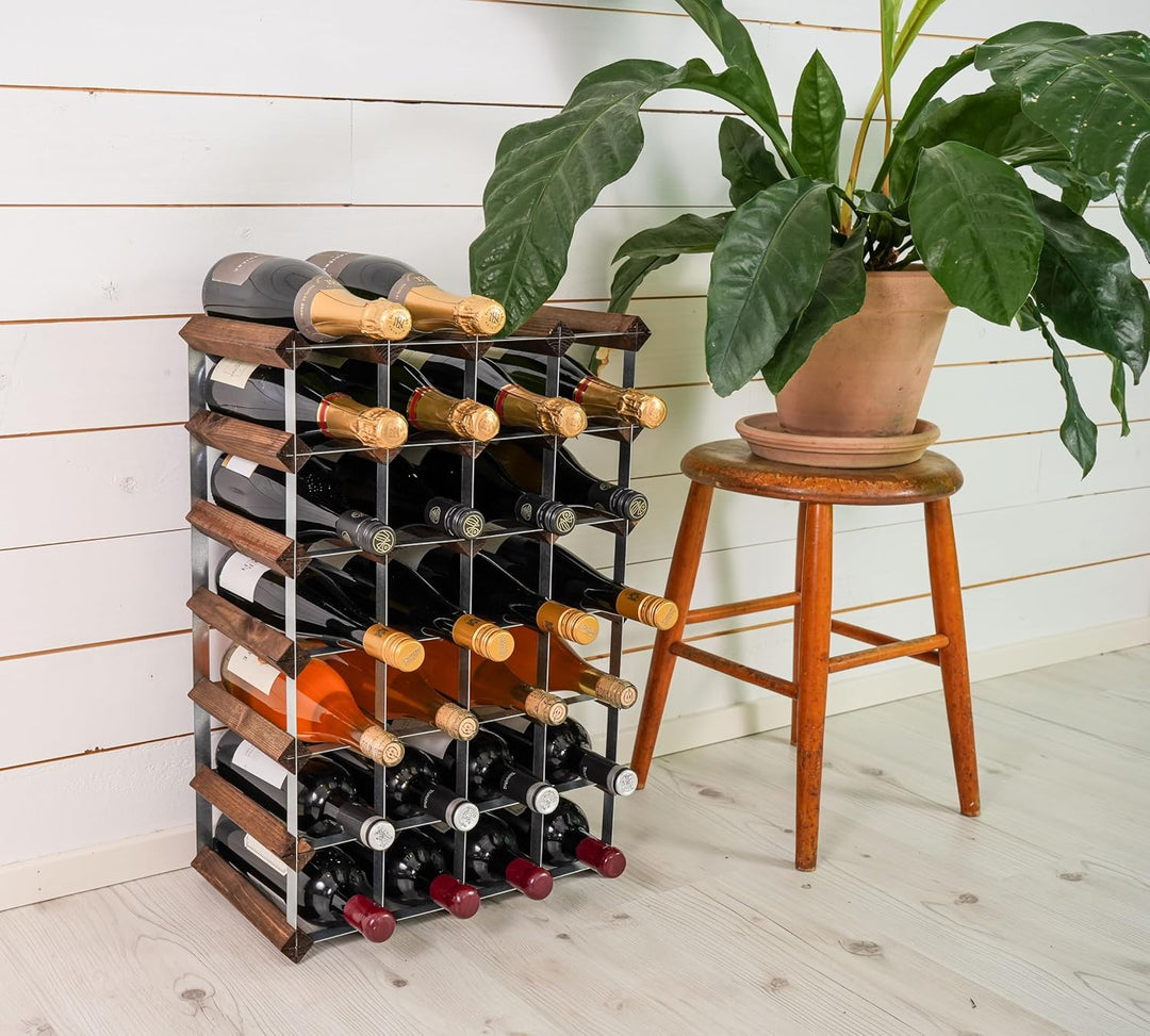 Weinregal für 30 Flaschen. Dunkles Holz, geliefert unmontiert
