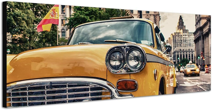 Paul Sinus Art Panoramabild auf Leinwand und Keilrahmen 150x50cm New York Strasse Gebäude Taxi alt V