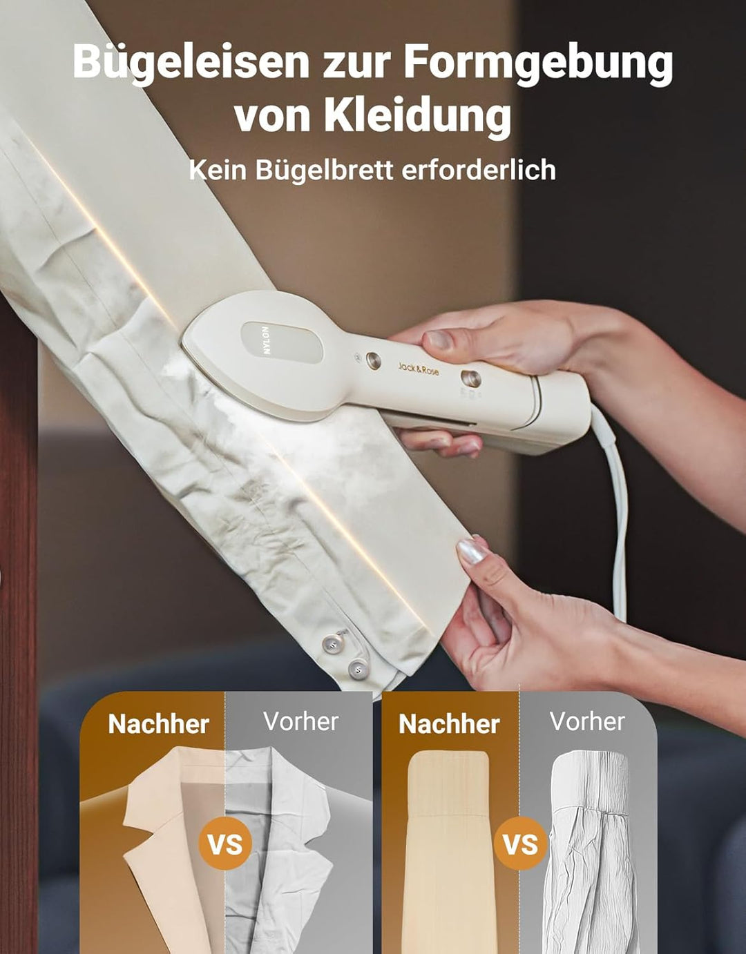 Jack & Rose Dampfglätter Bügelpresse Trockenbügeln 3 in 1, Tragbarer Steamer mit 100-240V Duale Span