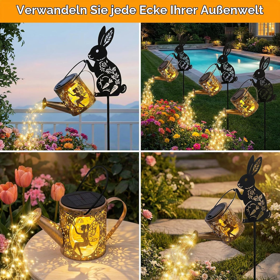 Solargiesskanne-Licht mit Hasen-Silhouette-Stecker &amp; Feendesign – Kaskaden-LED-Lichterkette für Gart