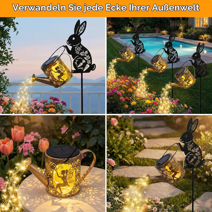 Solargiesskanne-Licht mit Hasen-Silhouette-Stecker &amp; Feendesign – Kaskaden-LED-Lichterkette für Gart