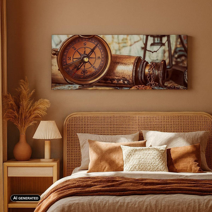 Wandbilder Dekoration Wohnzimmer Kompass Teleskop Abenteuer antik Panorama Bilder auf Leinwand 120x5