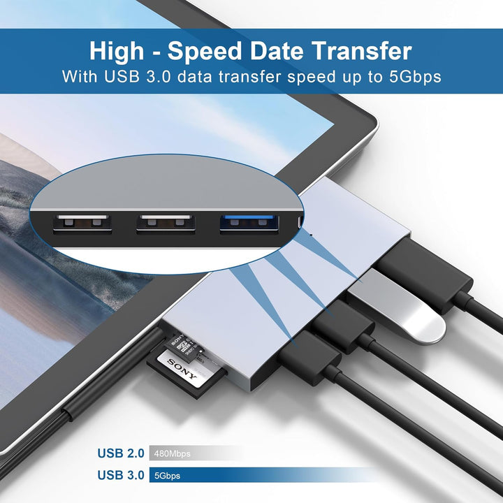 USB Hub Surface Pro 6/5/4 Docking Station Adapter, 6 in 2 Multiport Dock Zubehör mit USB 3.0, 4K HDM