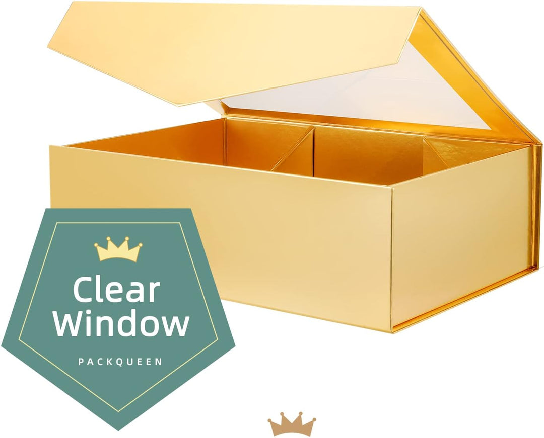 PACKQUEEN 5 grosse goldene Geschenkboxen mit Fenster, 34,9 x 22,9 x 10,4 cm, transparente Geschenkbo
