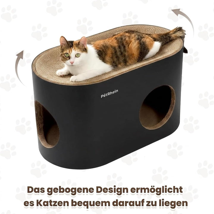 PetRhein Kratzbrett für Katzen aus Kratzpappe,3-in-1 grosses Katzenhöhle mit Kratzmatte &amp; Katzenbett
