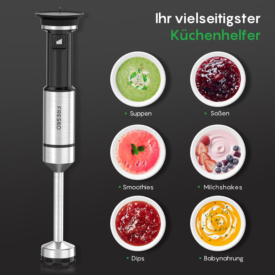 FRESKO Stabmixer 1000W, Pürierstab Edelstahl mit Schutzhülle für Kochgeschirr & 700 ml Messbecher, S