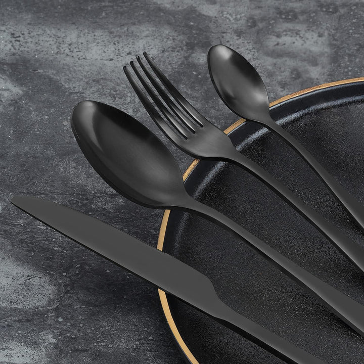 BEWOS 24 Stück Besteck Set, Schwarz Mattiert Essbesteck Set für 6 Personen, Besteck Edelstahl Spiege