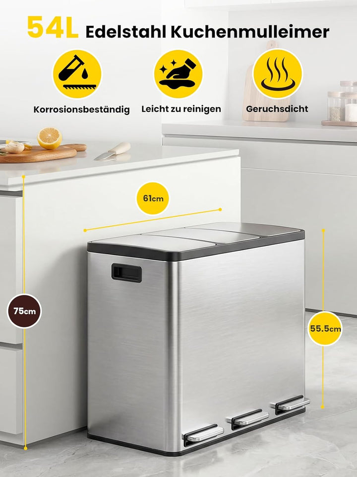 YEAUPE PRO Mülleimer Küche 3 x18L Edelstahl, 3 Fach Treteimer 54L Mülltrennungssystem, Abfalleimer m
