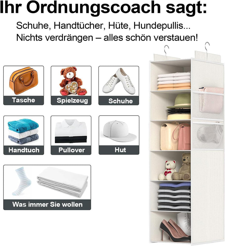 Extra Tiefer Hängeorganizer Schrank, Kleiderschrank Organizer, 6 Fächer mit Mesh-Taschen, Faltbar un