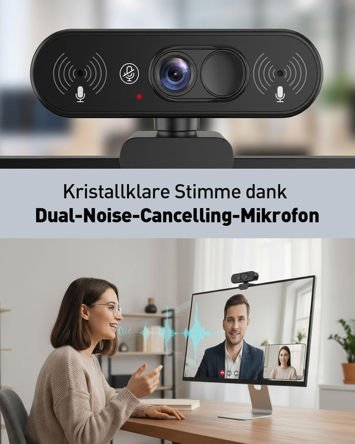 1080P FHD Webcam mit Dualem Privacy-Schutz (Stummschaltung & Abdeckung), Kristallklarem Mikrofon, Na