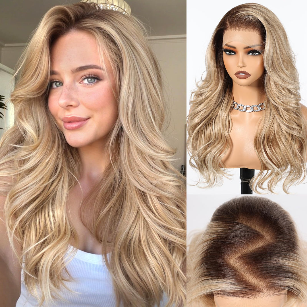 HAIRCUBE 13x6 HD Synthetische Lace-Front-Perücke, 24 Zoll Ombre Gritty Blonde Lange Lockige Stufenpe