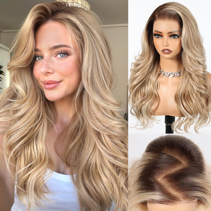 HAIRCUBE 13x6 HD Synthetische Lace-Front-Perücke, 24 Zoll Ombre Gritty Blonde Lange Lockige Stufenpe